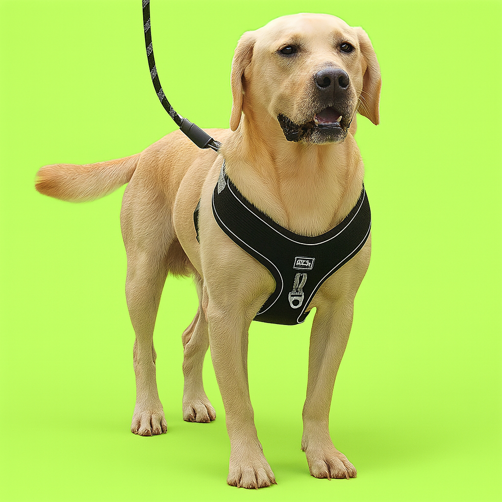 Dog wearing a black harness on a green background pet supplies at furrywags