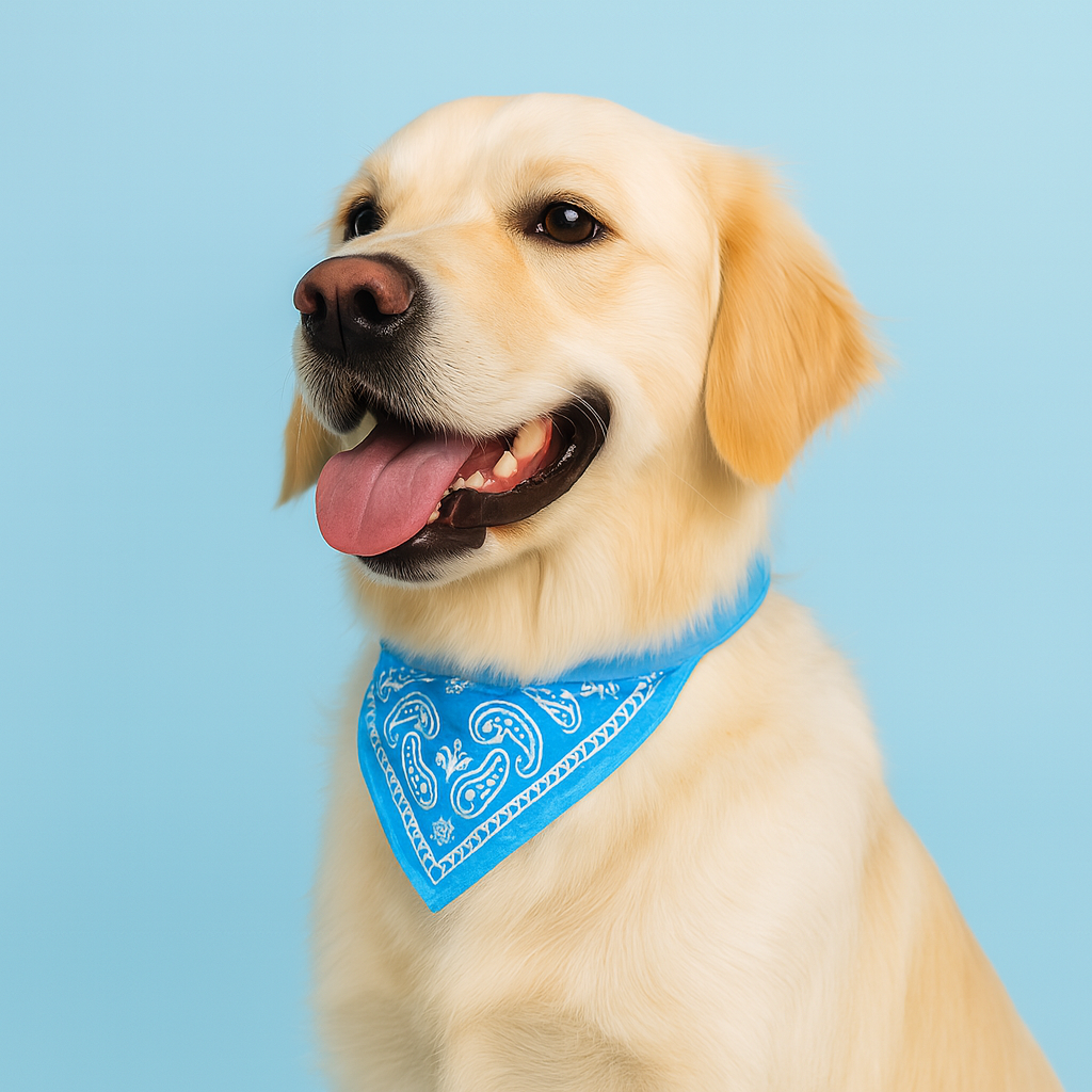 Dog wearing a blue bandana on a light blue background