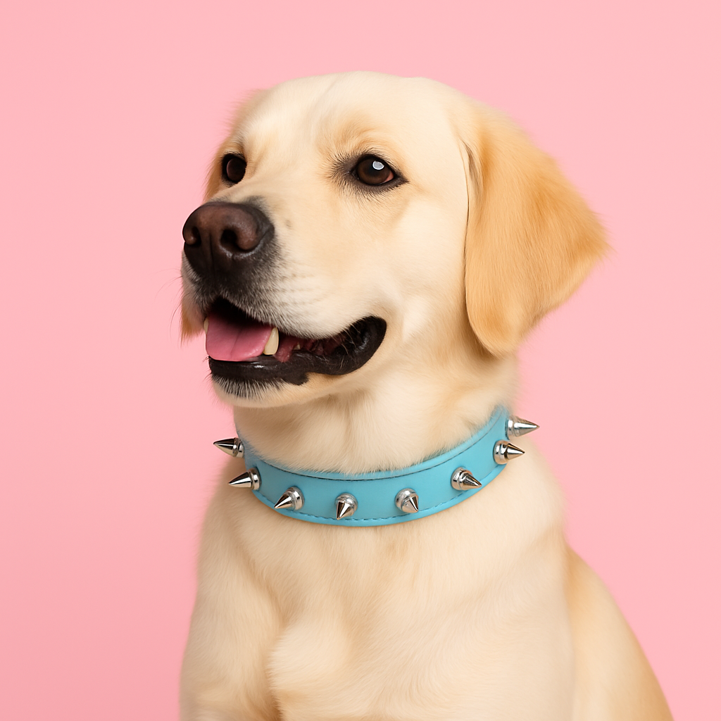 Dog wearing a blue collar with spikes on a pink background