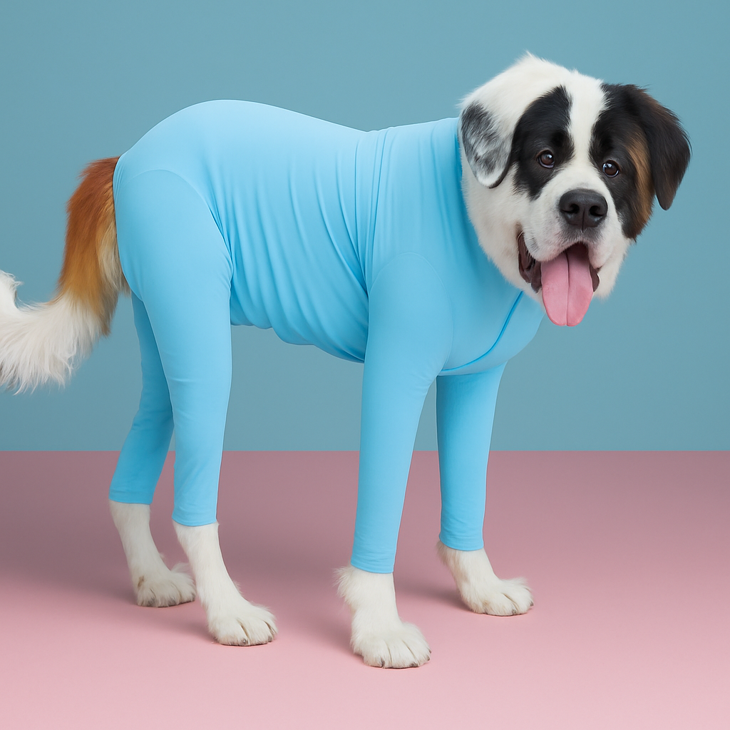 Dog wearing a blue outfit on a pink and blue background