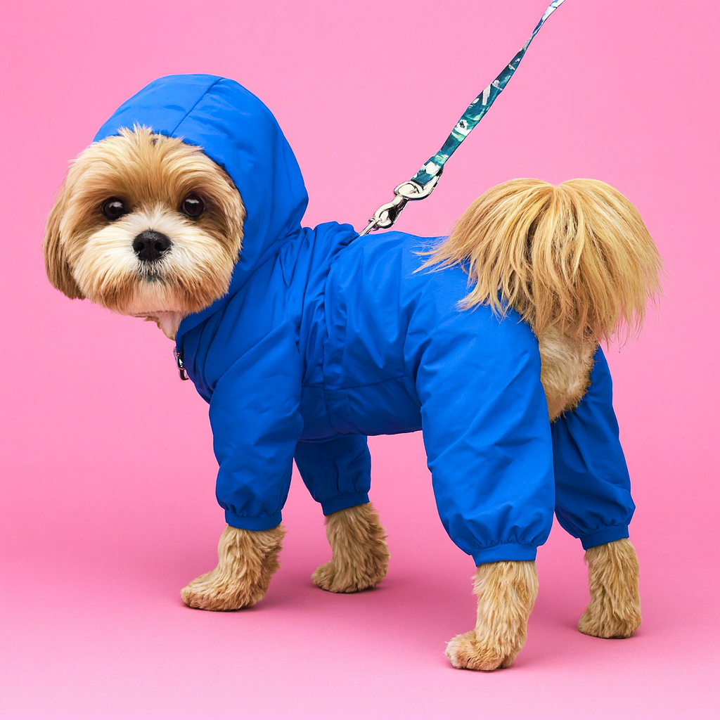 Dog wearing a blue raincoat on a pink background