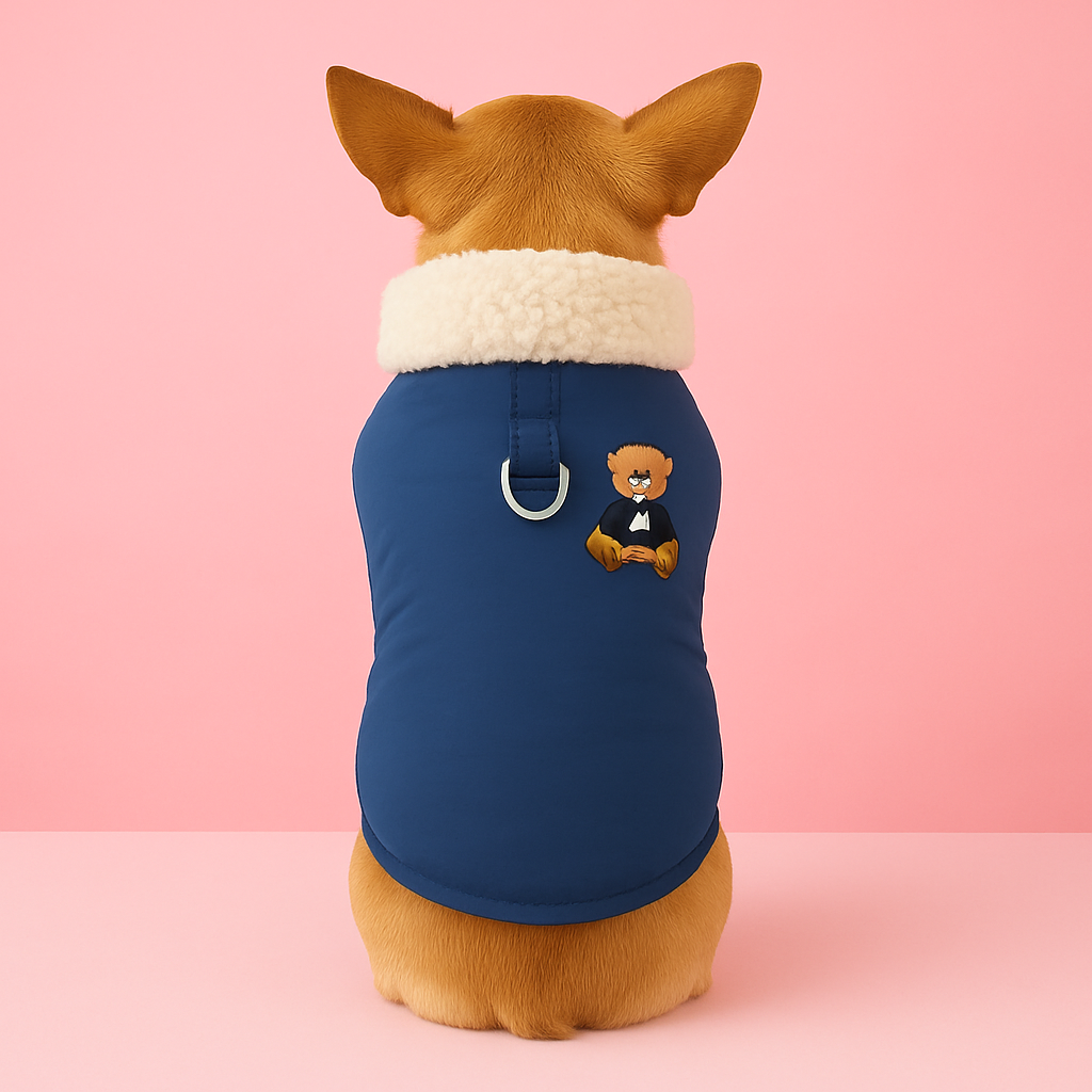 Dog wearing a blue sweater with a teddy bear emblem on a pink background