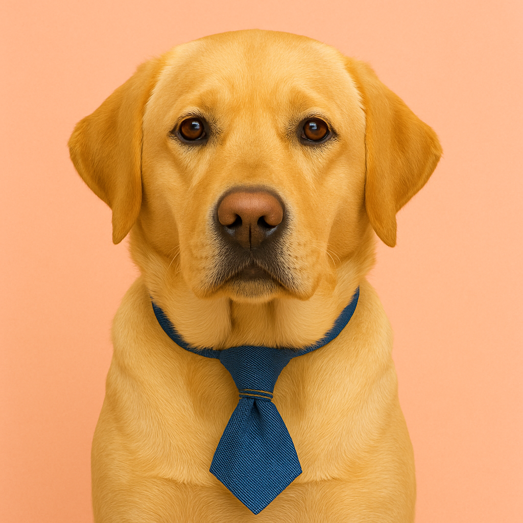 Dog wearing a blue tie against an orange background