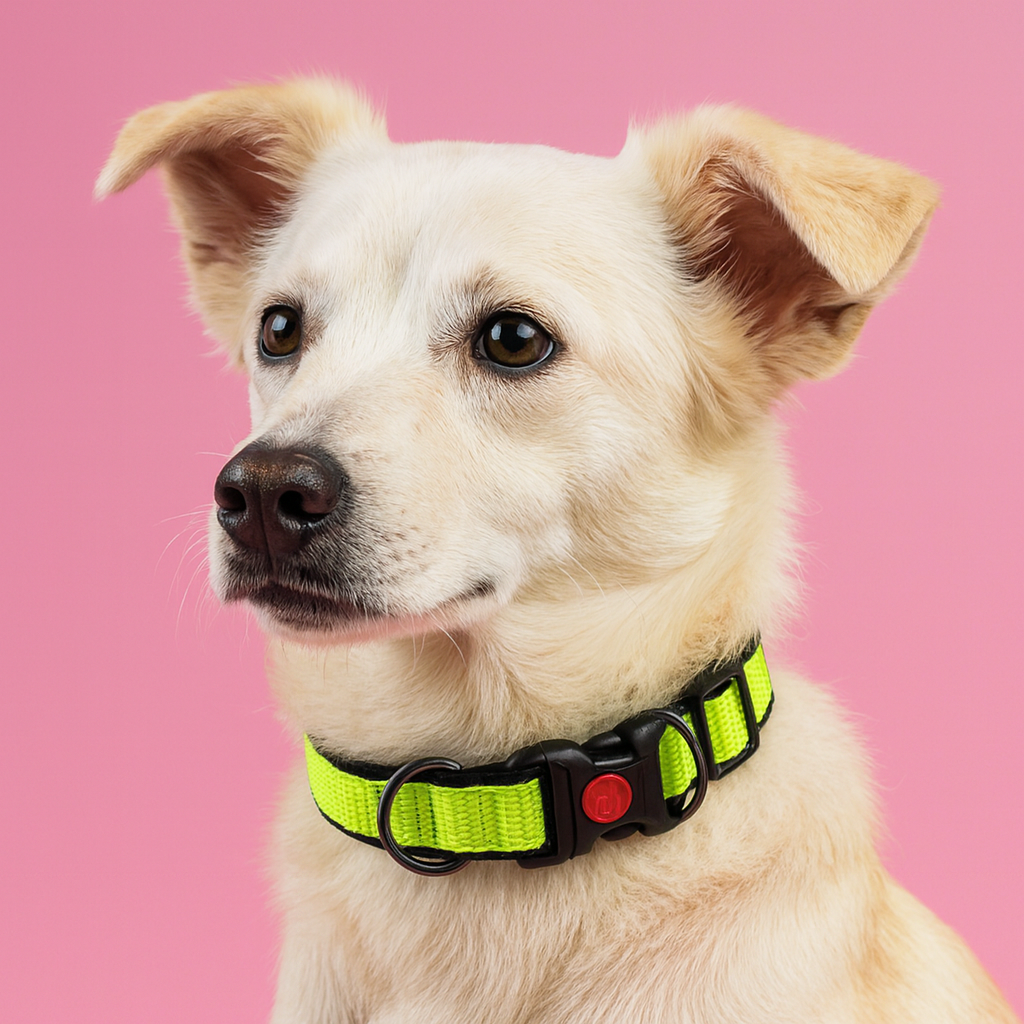 Dog wearing a bright green collar with a red button on a pink background