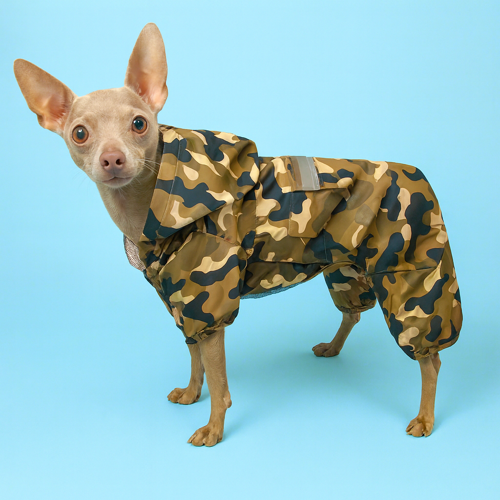 Dog wearing a camouflage raincoat