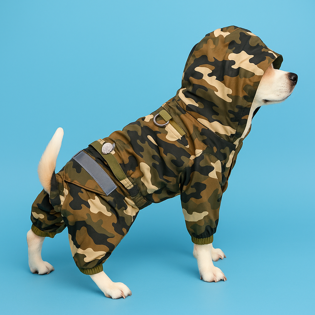 Dog wearing a camouflage raincoat on a blue background