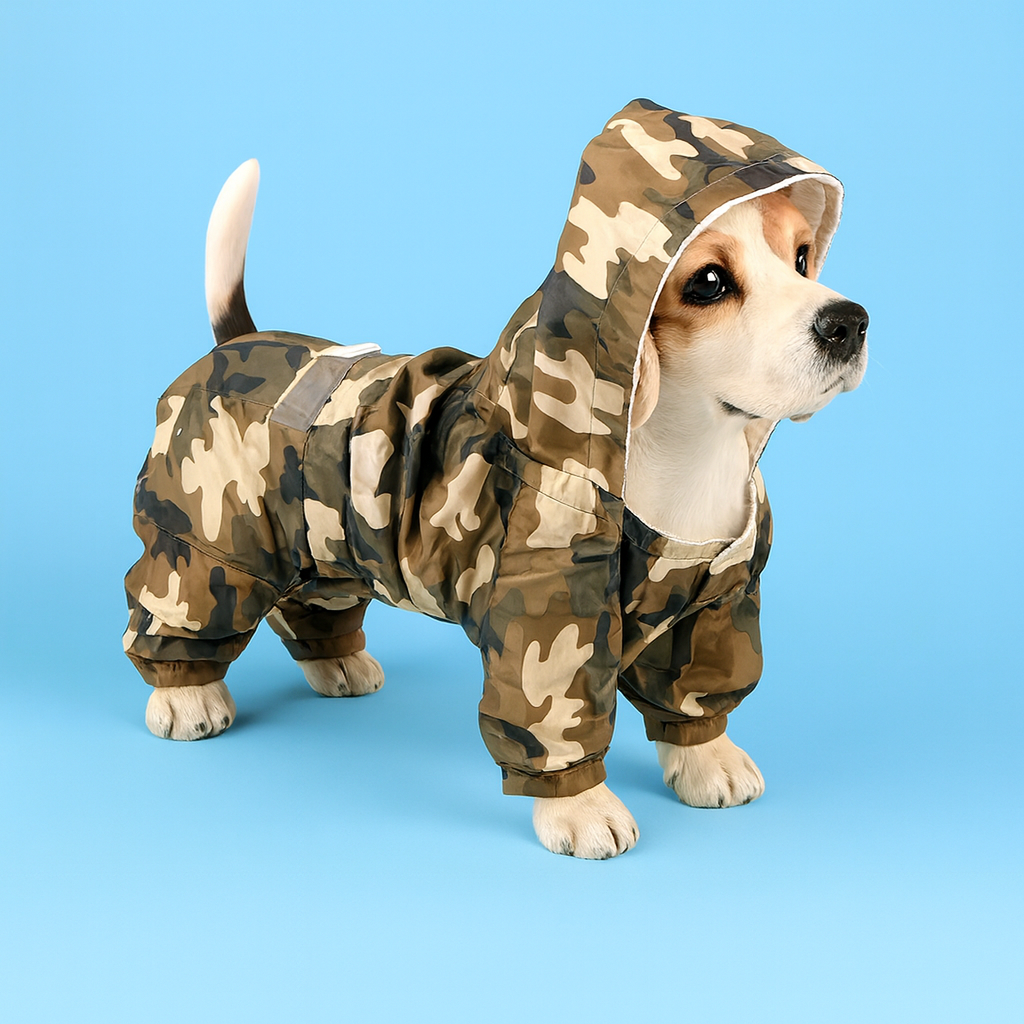 Dog wearing a camouflage raincoat on a blue background furrywags pet supplies