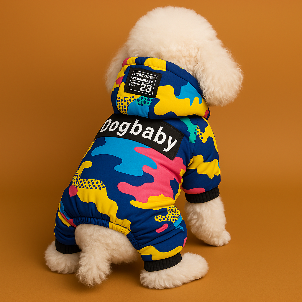 Dog wearing a colorful 'Dogbaby' jacket on an orange background