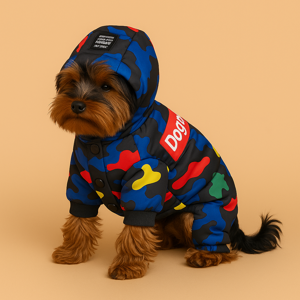 Dog wearing a colorful hoodie with a brand logo on a beige background