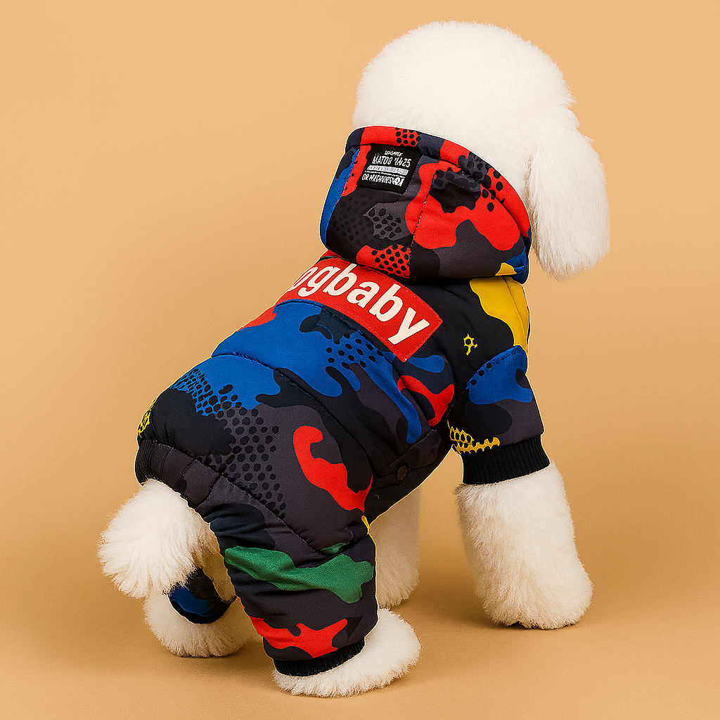 Dog wearing a colorful jacket with 'baby' text on a beige background