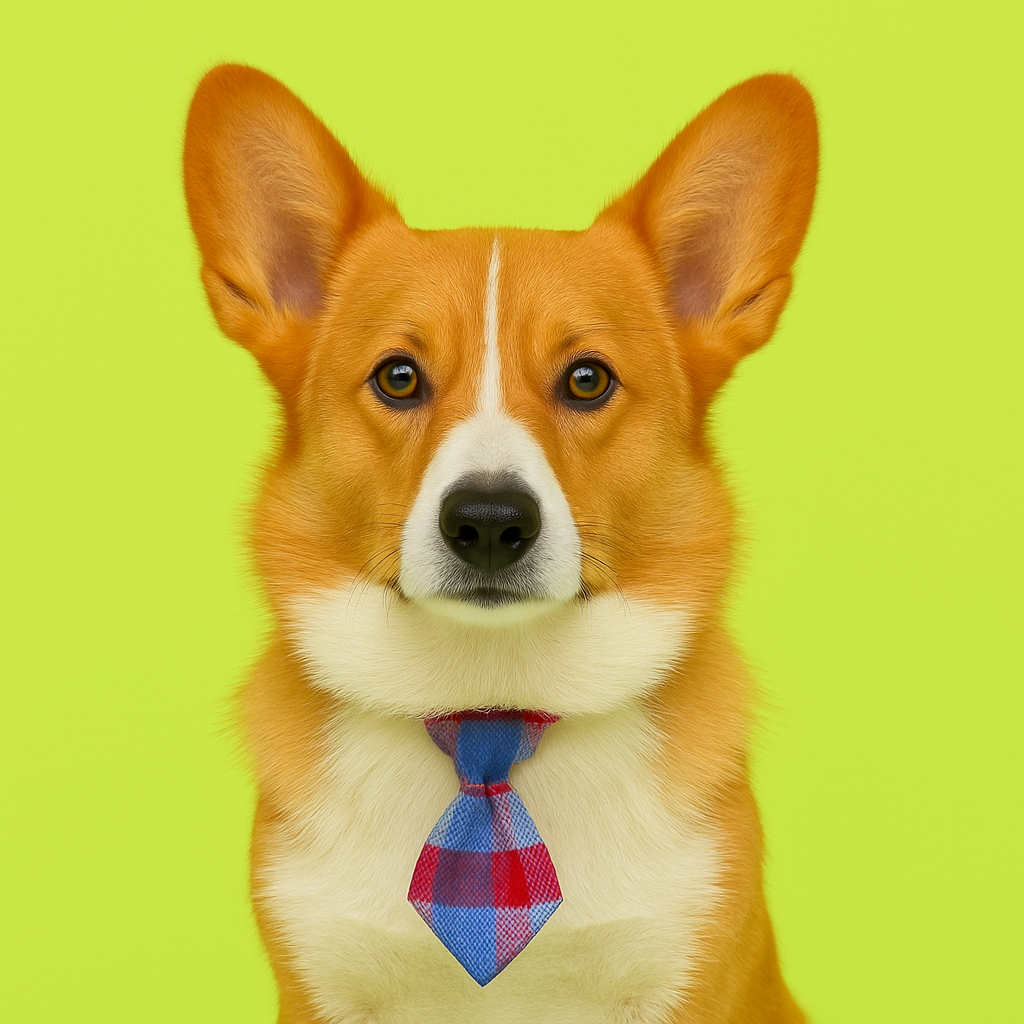Dog wearing a colorful tie against a bright green background