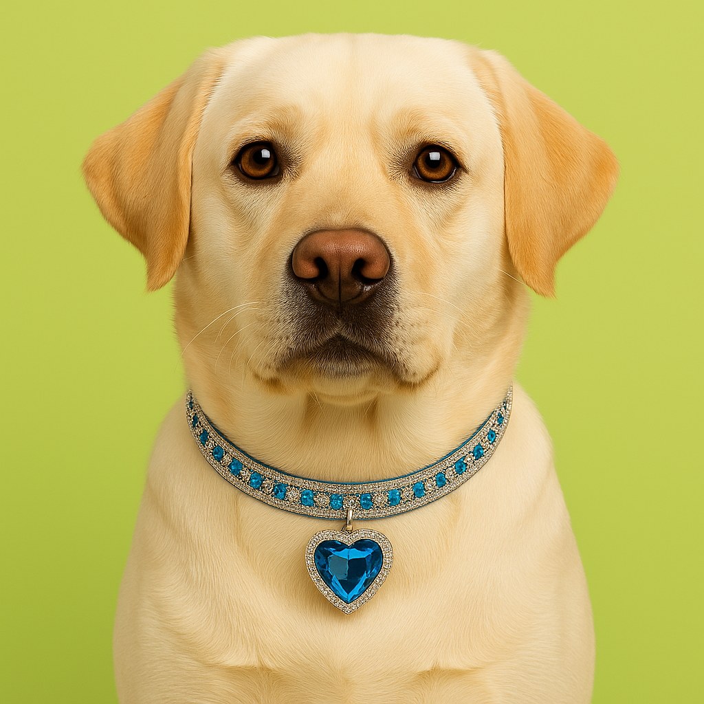 Dog wearing a decorative collar with a blue heart pendant on a green background