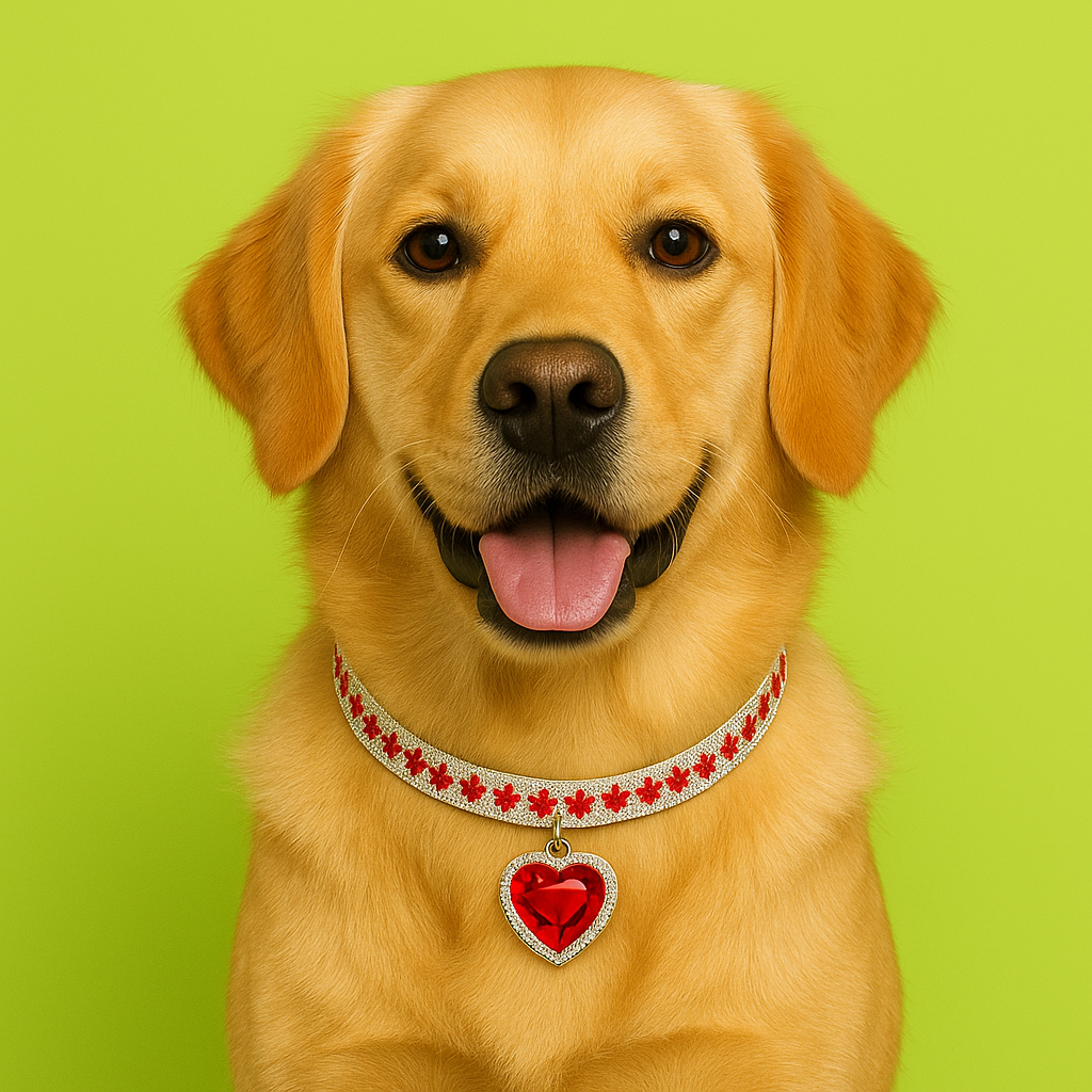 Dog wearing a decorative collar with a red heart charm on a green background