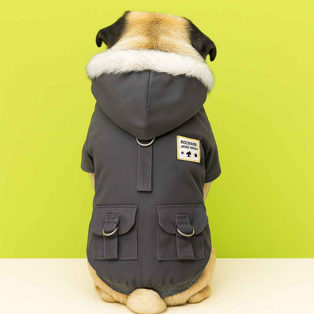 Dog wearing a gray coat with a hood and white fur trim on a green background