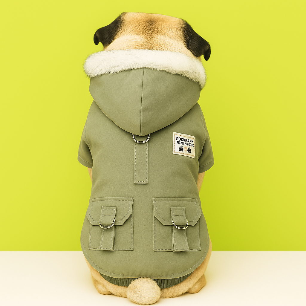 Dog wearing a green coat with a hood against a green background