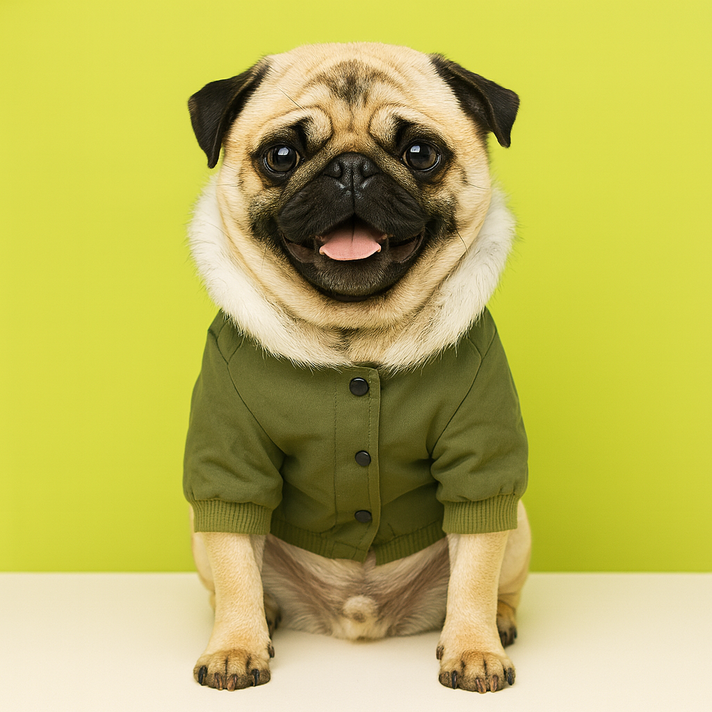 Dog wearing a green coat with a hood against a green background pet jackets at furrywags