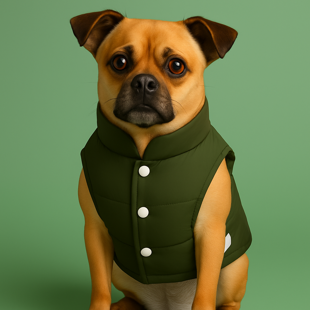 Dog wearing a green vest with white buttons on a green background