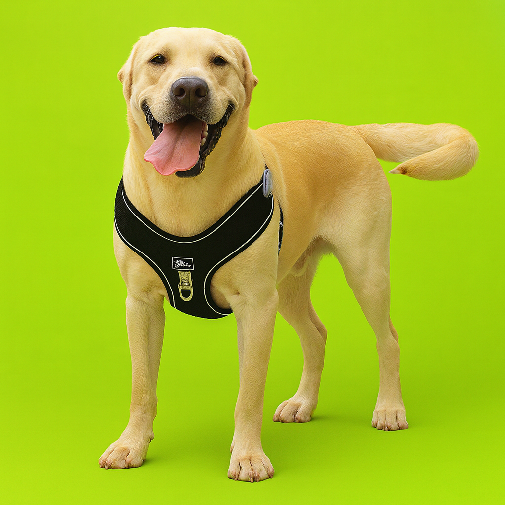 Dog wearing a harness and leash set
