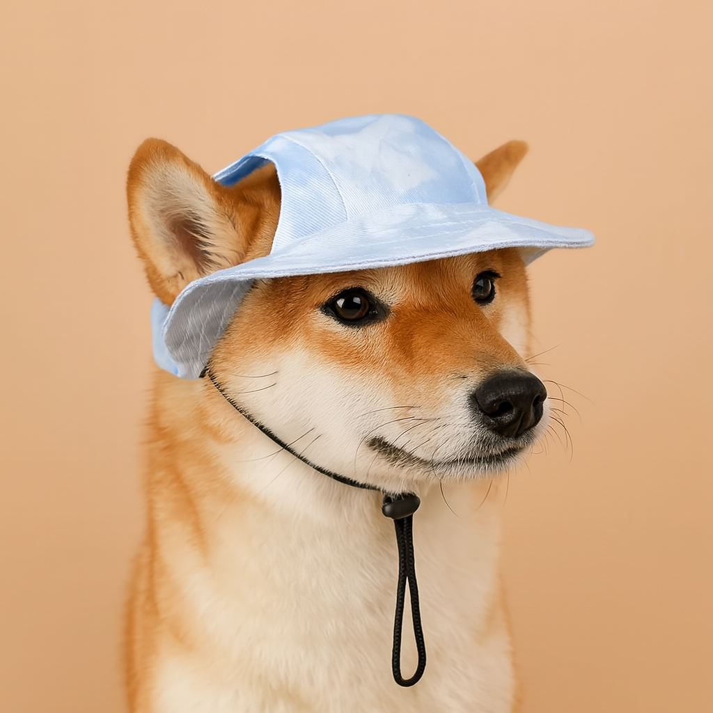 Dog wearing a light blue bucket hat on a beige background