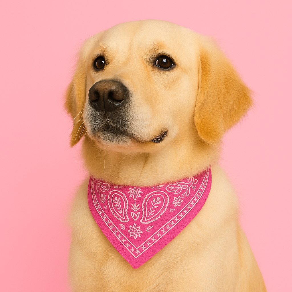 Dog wearing a pink bandana on a pink background
