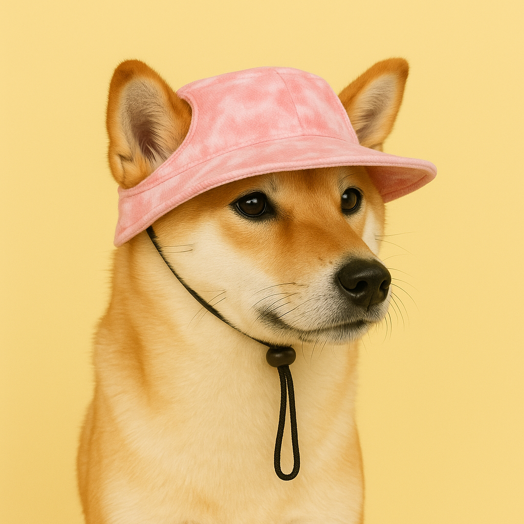 Dog wearing a pink bucket hat on a yellow background