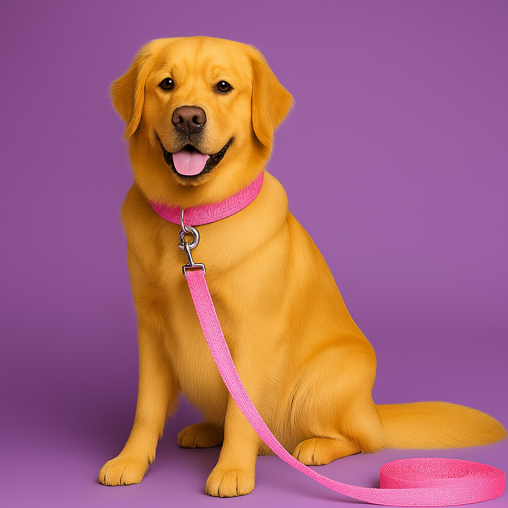 Dog wearing a pink collar and leash on a purple background
