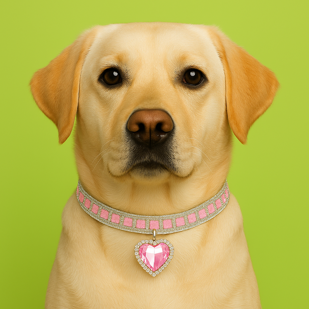 Dog wearing a pink collar with a heart-shaped tag on a green background
