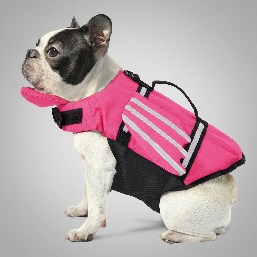 Dog wearing a pink life jacket with reflective stripes