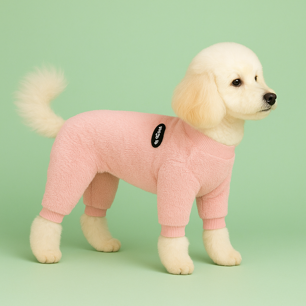 Dog wearing a pink outfit with a lime background