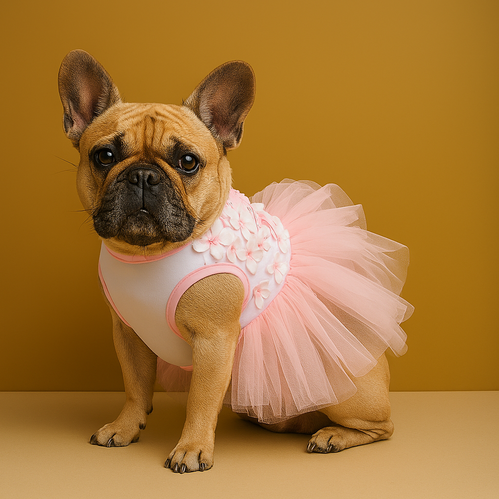 Dog wearing a pink tutu dress on a yellow background