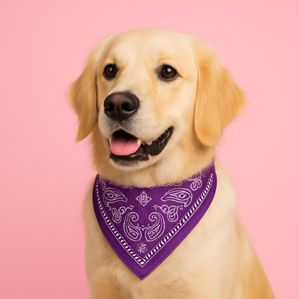 Dog wearing a purple bandana on a pink background