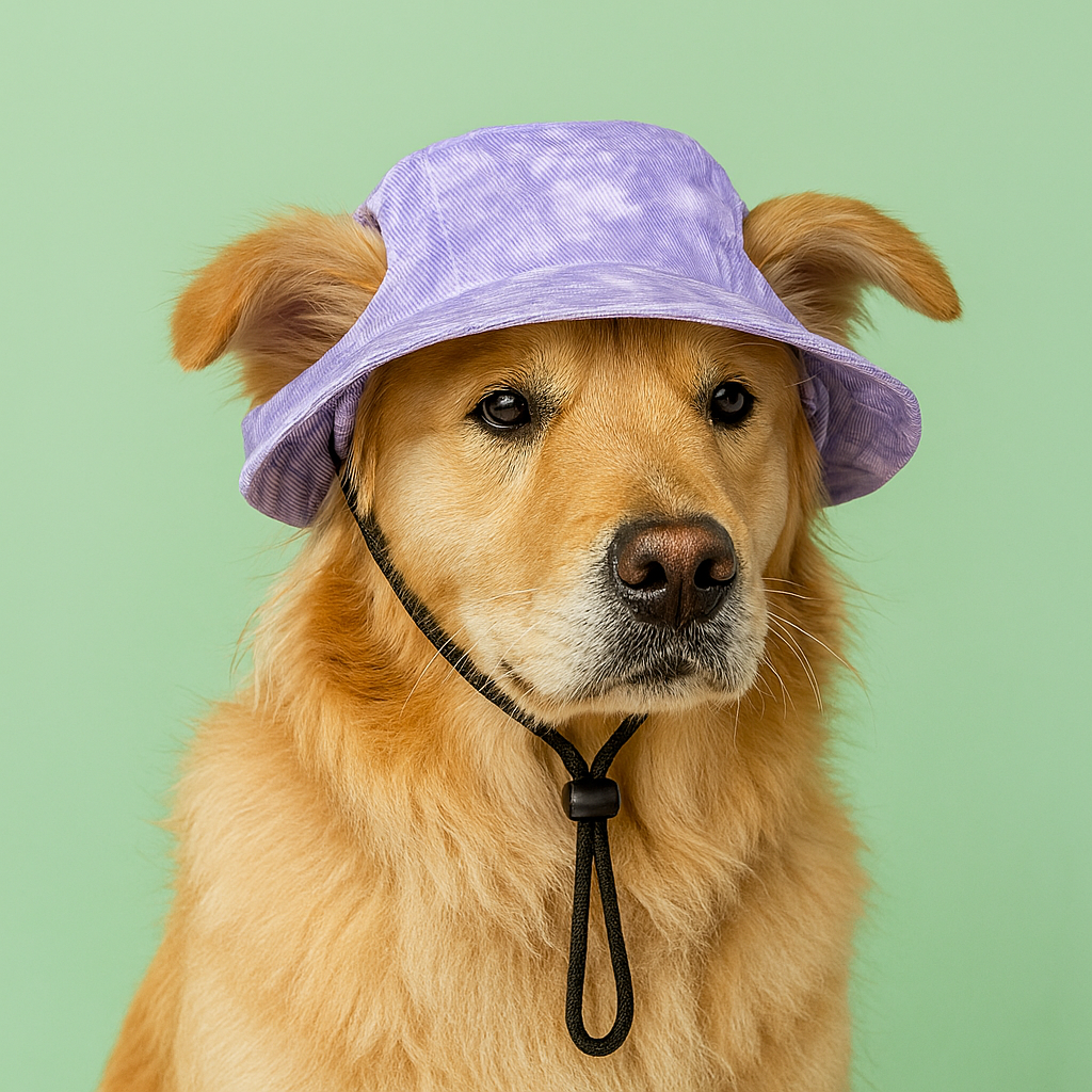 Dog wearing a purple bucket hat on a green background