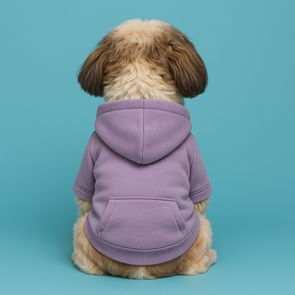 Dog wearing a purple hoodie on a teal background