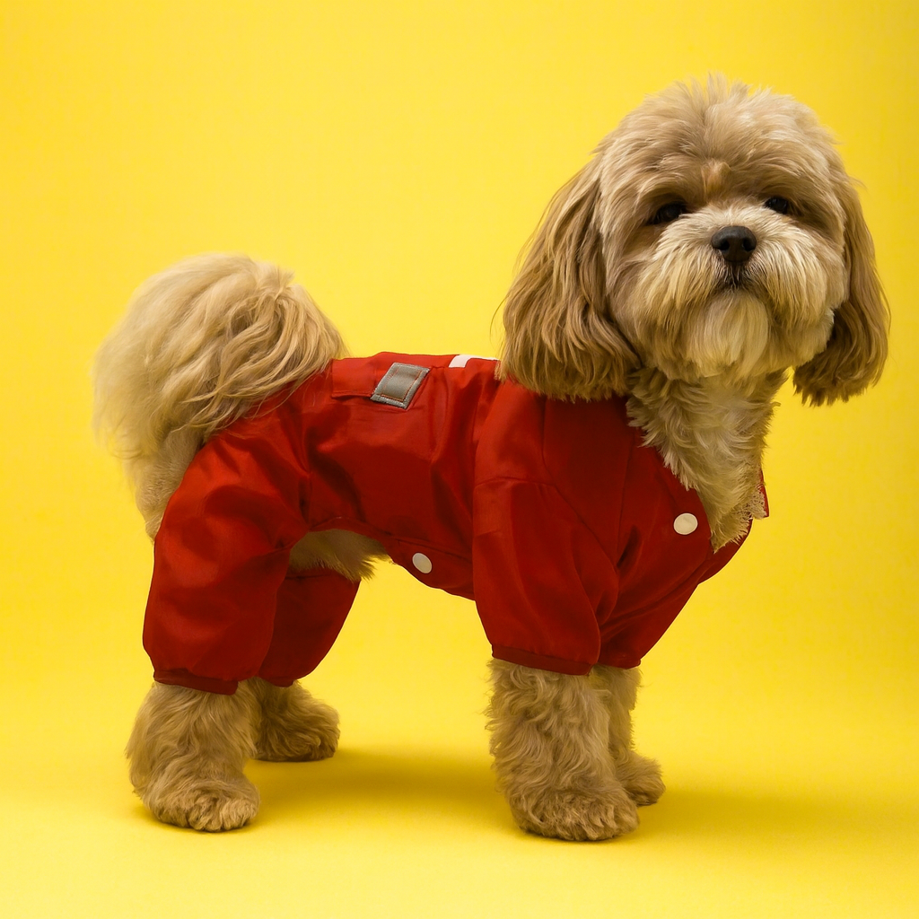 Dog wearing a red raincoat on a yellow background