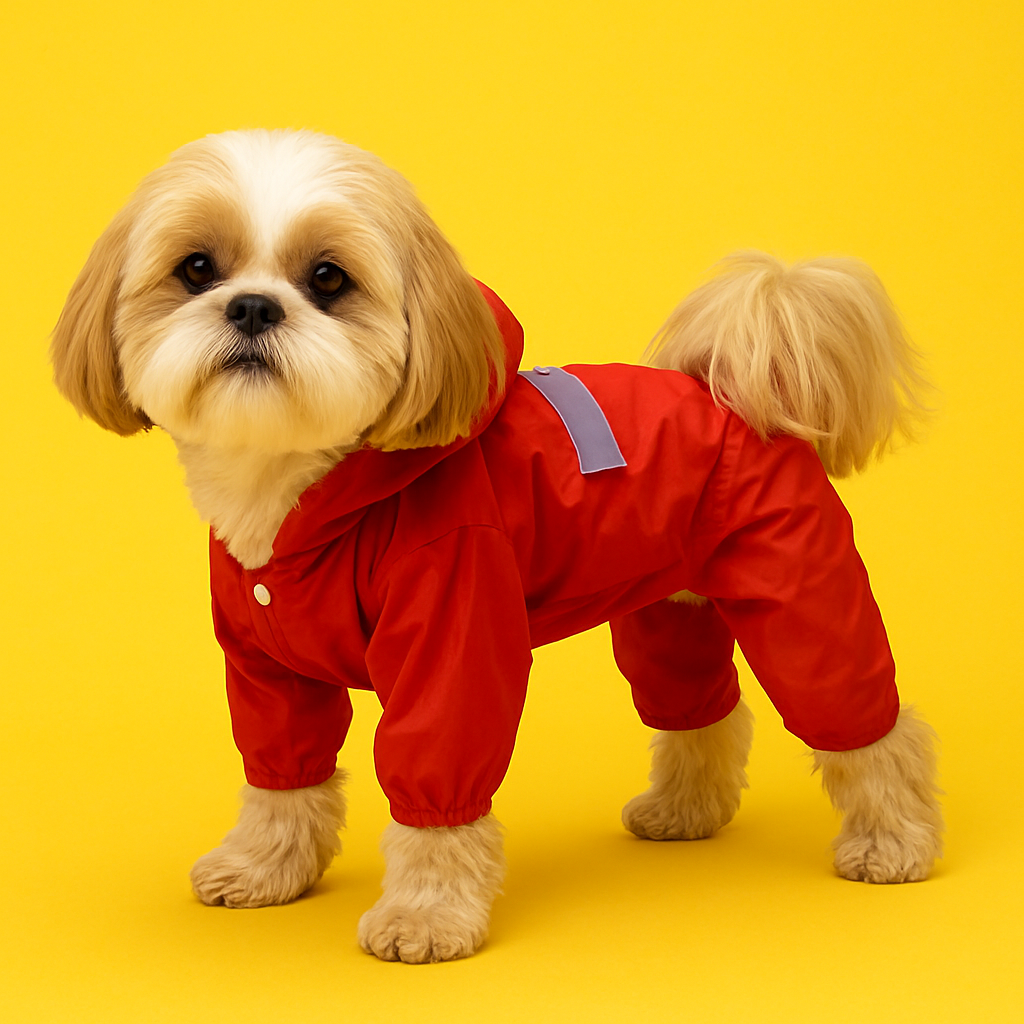 Dog wearing a red raincoat on a yellow background pet supplies at furrywags