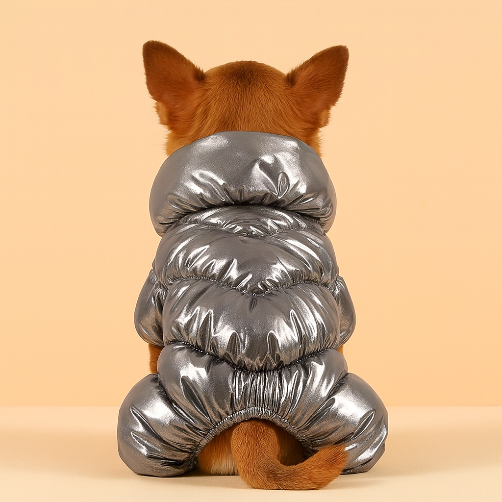 Dog wearing a silver puffer vest on a beige background
