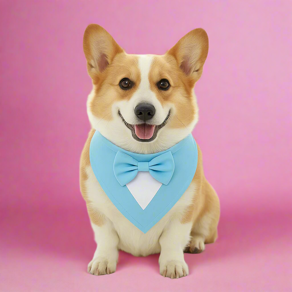 Dog wearing a sky blue bow tie