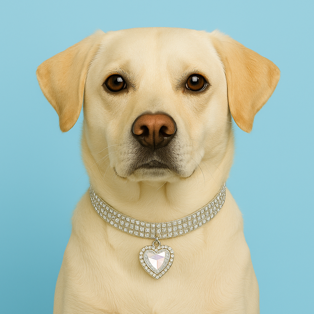 Dog wearing a sparkling collar with a heart-shaped tag on a blue background