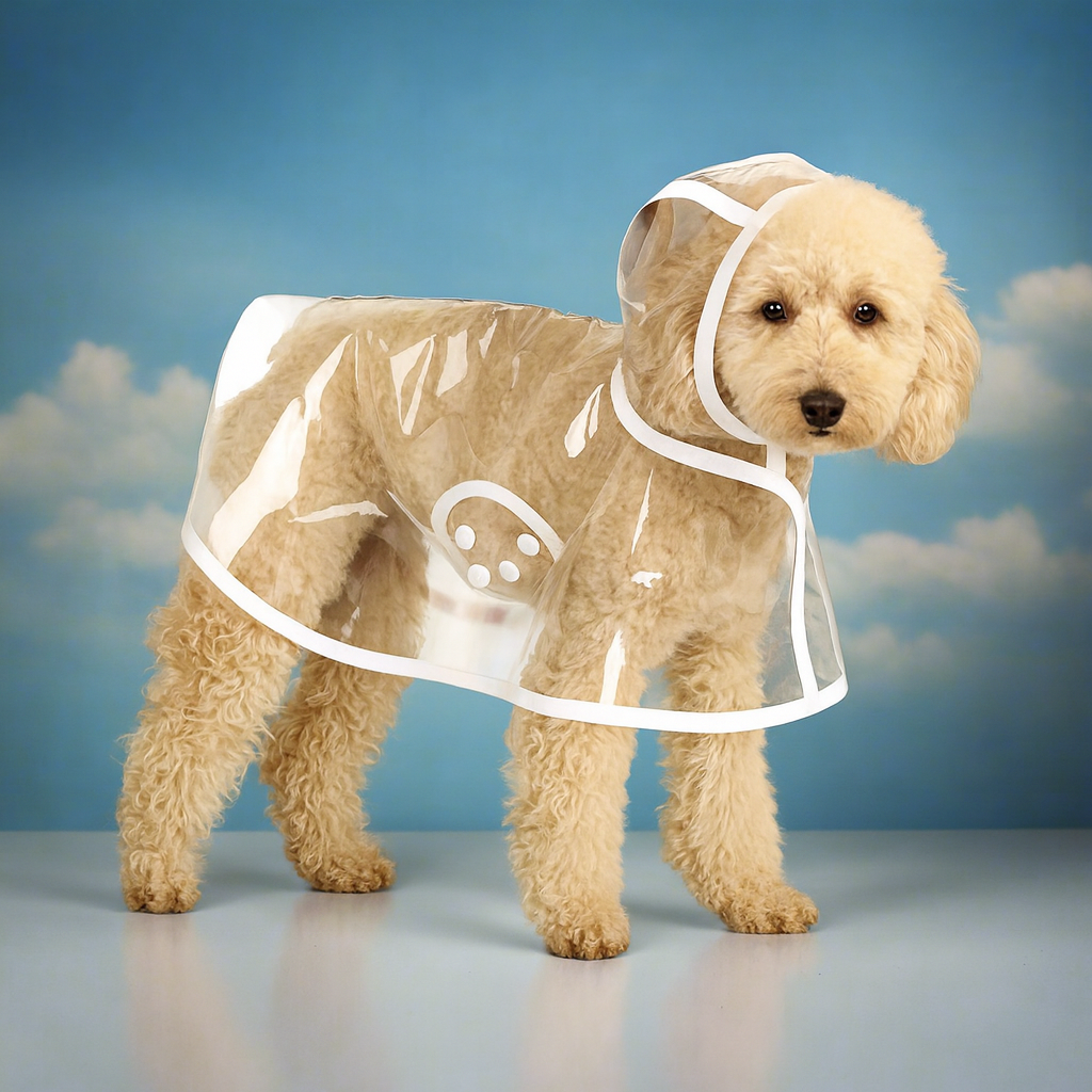 Dog wearing a transparent raincoat with a blue sky background
