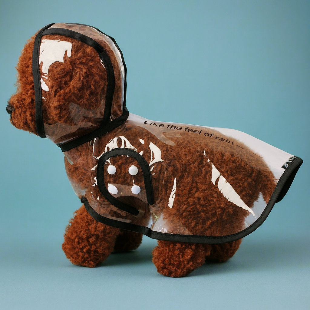 Dog wearing a transparent raincoat with text on a blue background