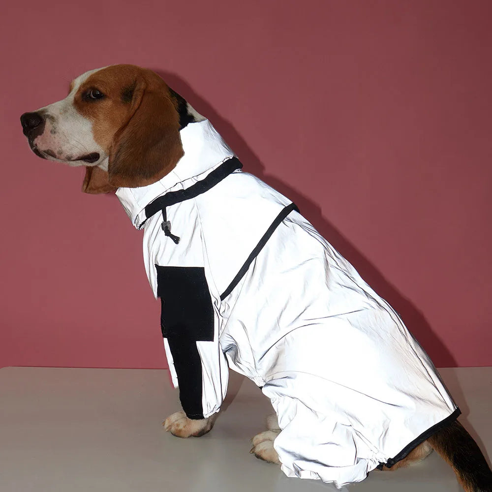 Dog wearing a waterproof raincoat with black accents on a pink background