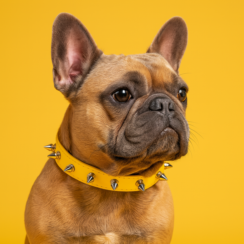 Dog wearing a yellow collar with spikes on a yellow background