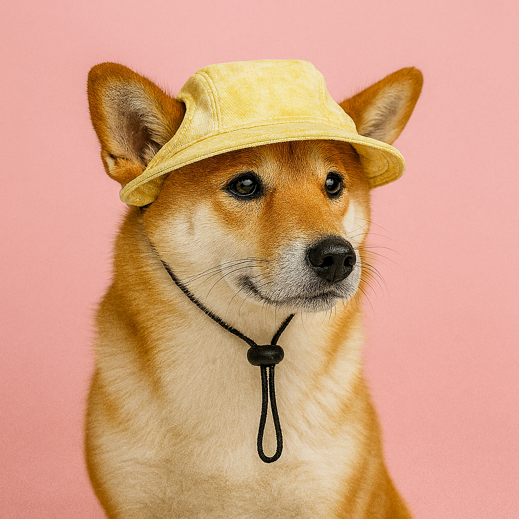 Dog wearing a yellow hat on a pink background