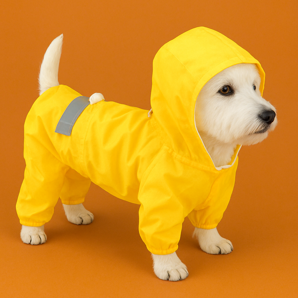 Dog wearing a yellow raincoat on an orange background