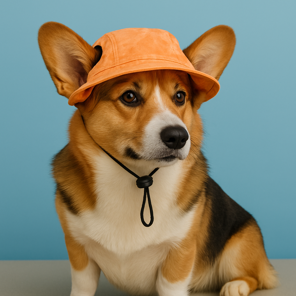 Dog wearing an orange cap against a blue background