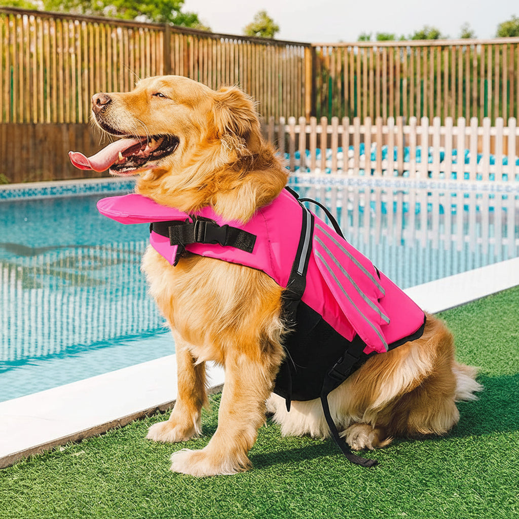 Dog wearing an pink life jacket by a pool