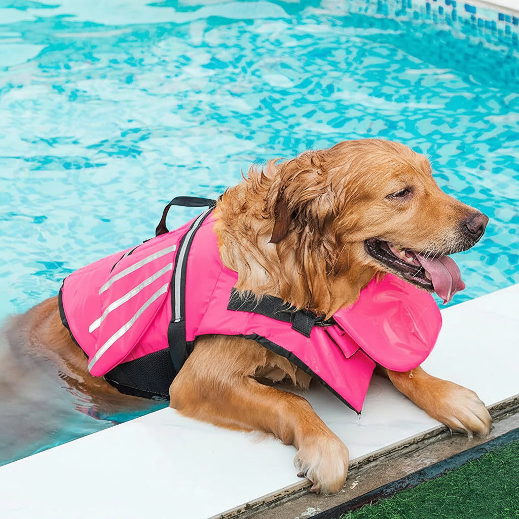 Dog wearing an pink life jacket in a pool
