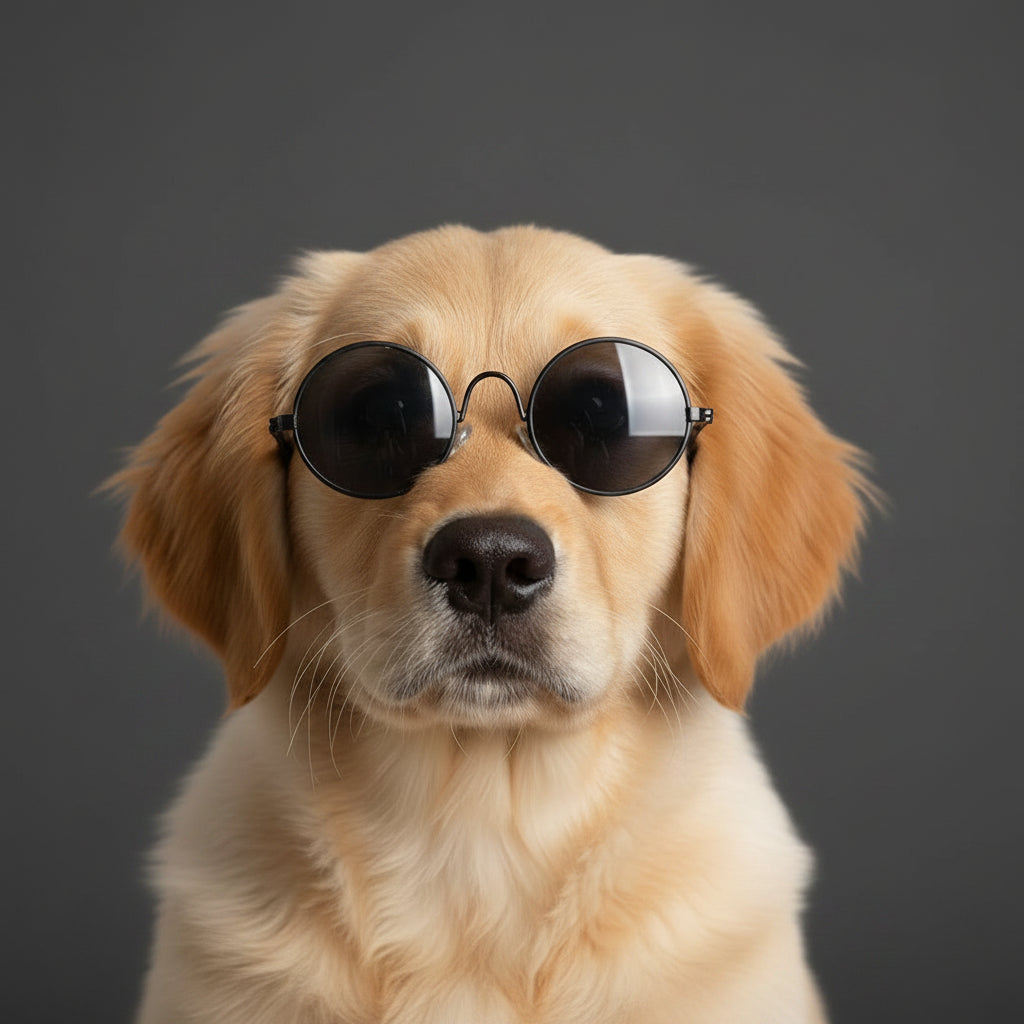 Dog wearing black round sunglasses