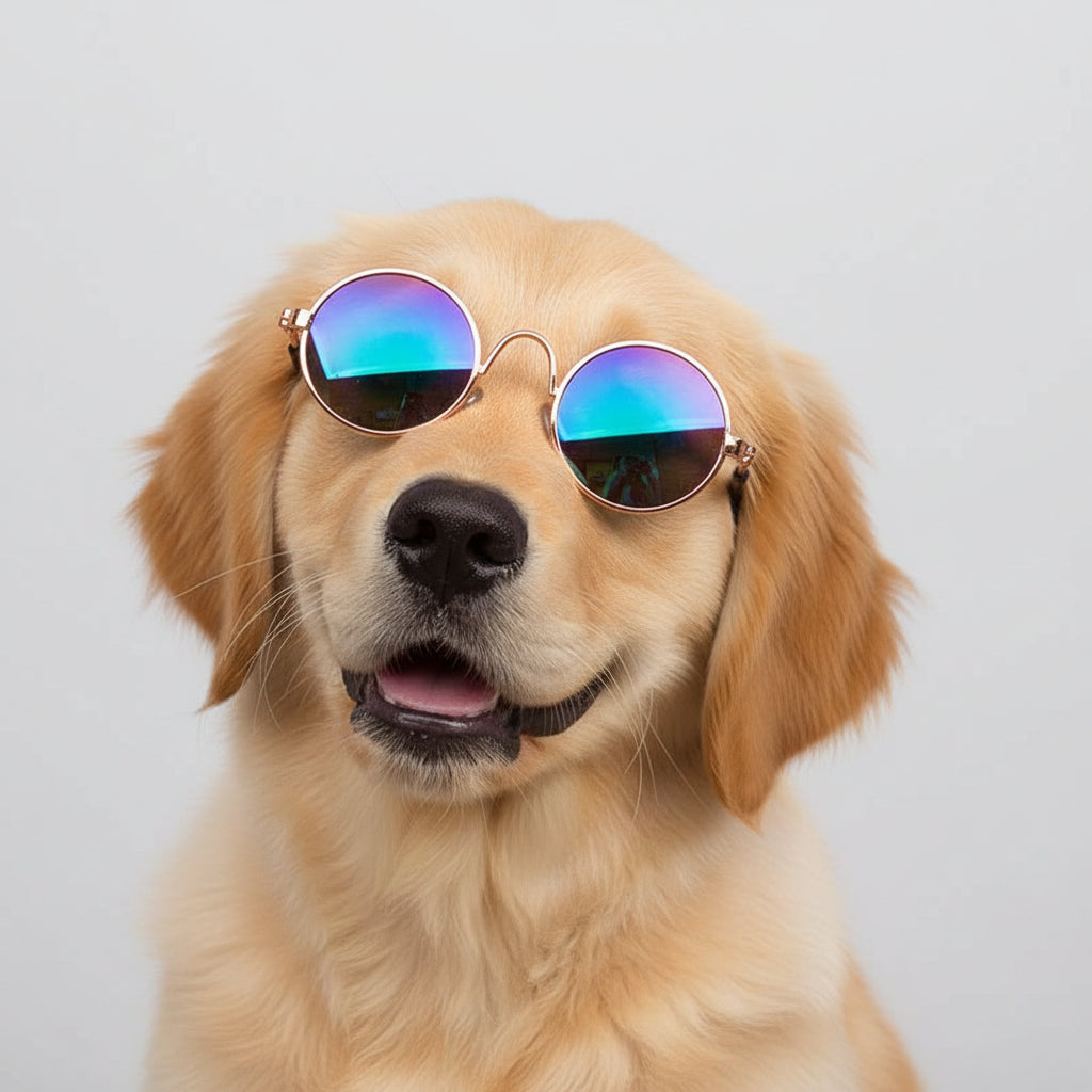 Dog wearing round sharded sunglasses