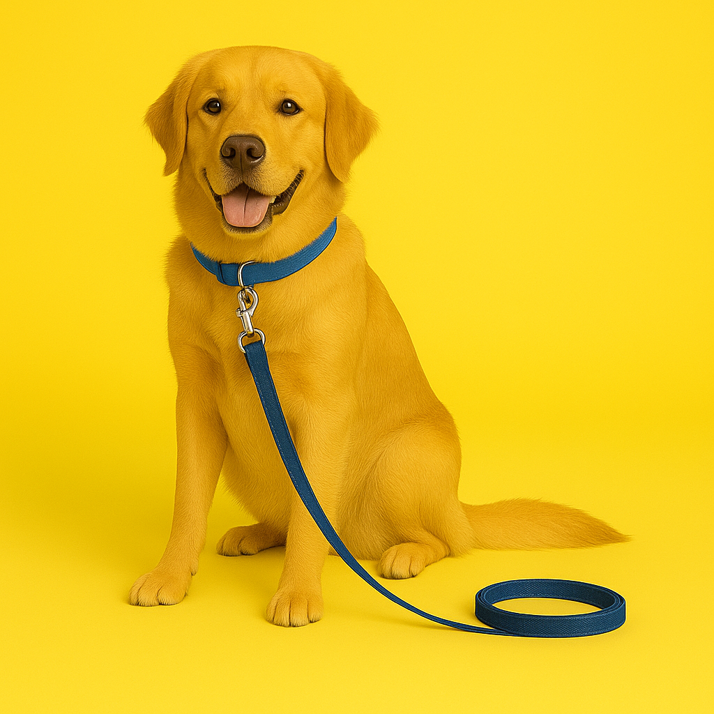 Dog with a blue collar and leash on a yellow background